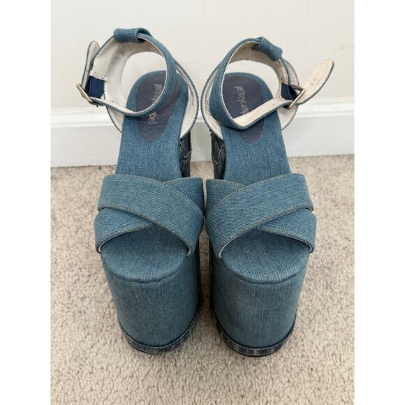 Jeffrey Campbell Patchwork Denim Platform Ankle Strap Sandals Blue Women's 7M - Picture 4 of 9